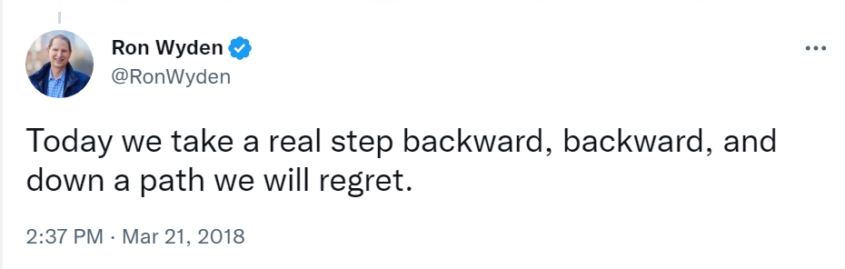 ron wyden tweet: today we take a real step backward